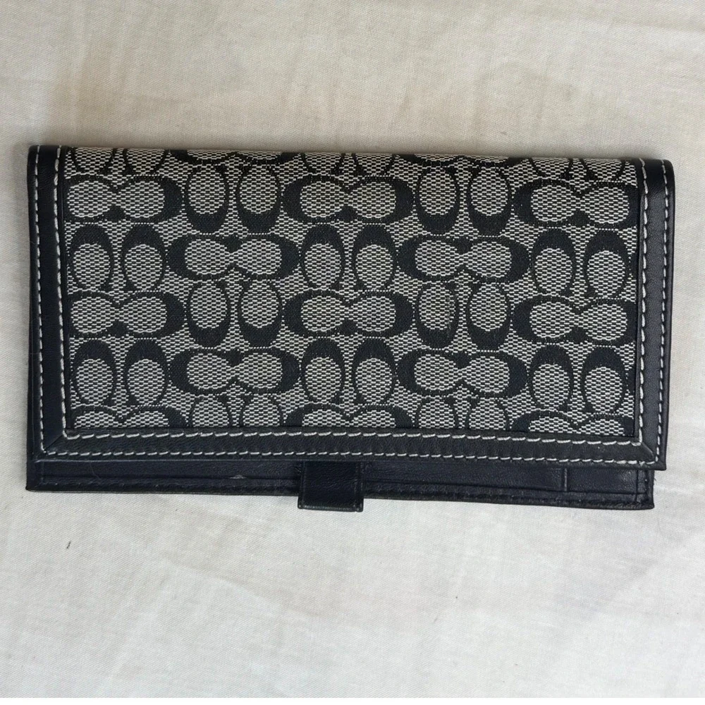 Coach Signature C Monogram Checkbook Cover Black Grey Leather Trim Slim Wallet - Picture 6 of 7